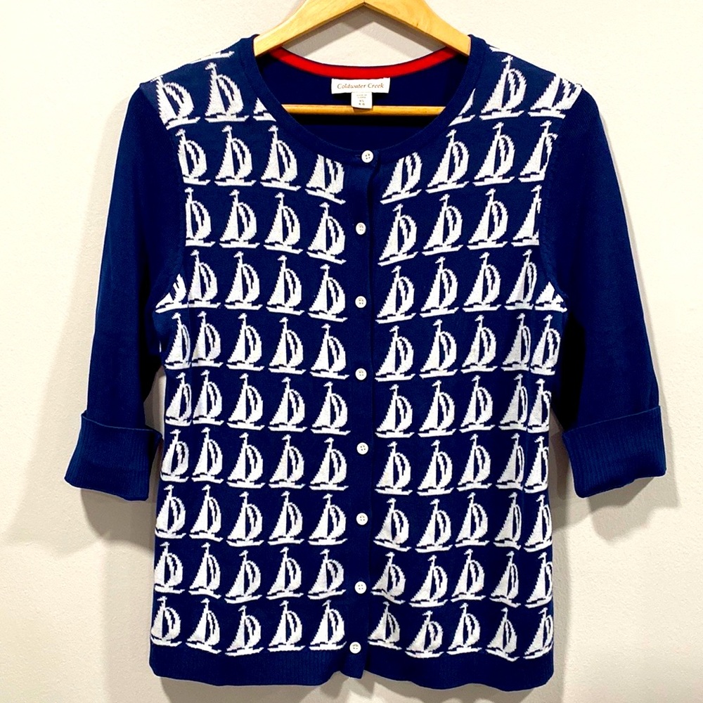 Sailboat Cardigan Navy Blue White Button Down 3/4 Sleeve